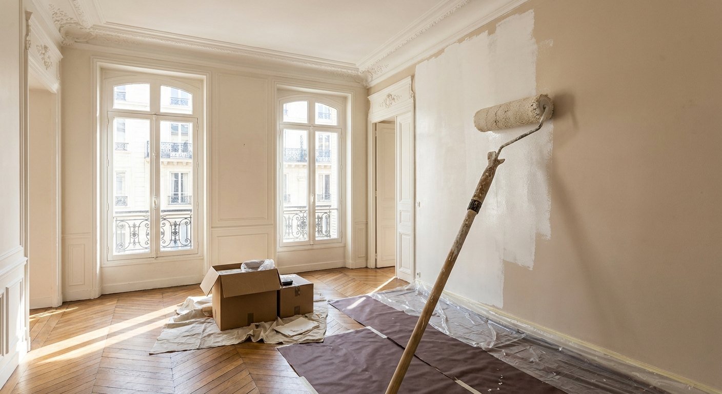 Appartement lyonnais fraîchement repeint, murs et plafond clairs