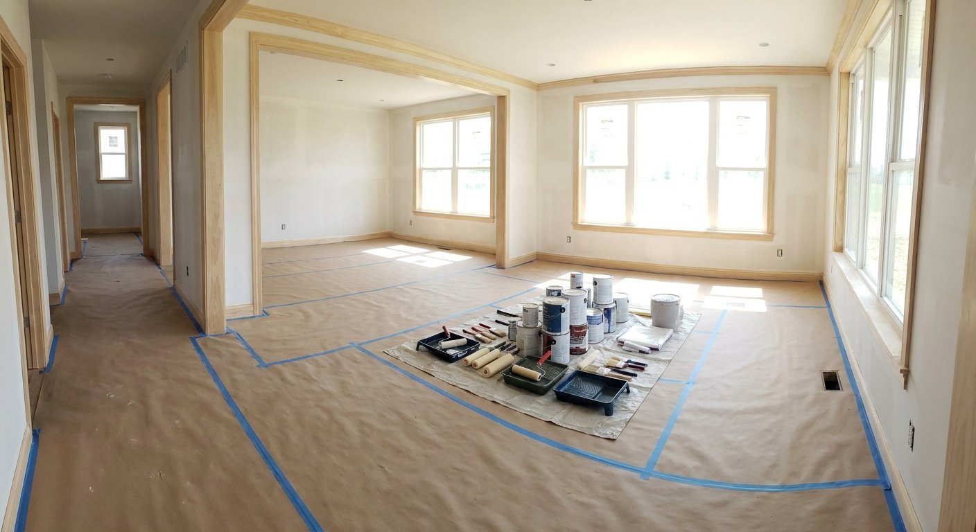 Peinture d'une maison neuve après travaux à Lyon, ratissage des murs