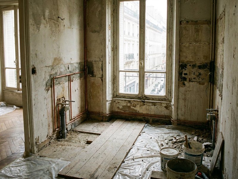 Salle de bain d'un appartement haussmannien de Lyon 6 en cours de réfection, parquet protégé
