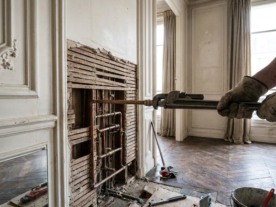 Plombier intervenant sur un réseau d'eau dans un grand appartement haussmannien des Brotteaux à Lyon 6