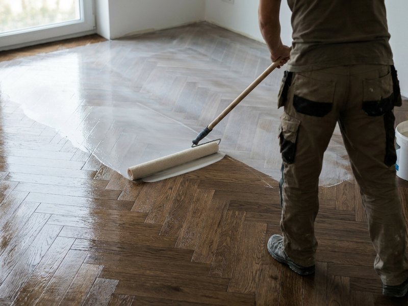 Vitrification satinée appliquée au rouleau sur un parquet en chêne à Lyon