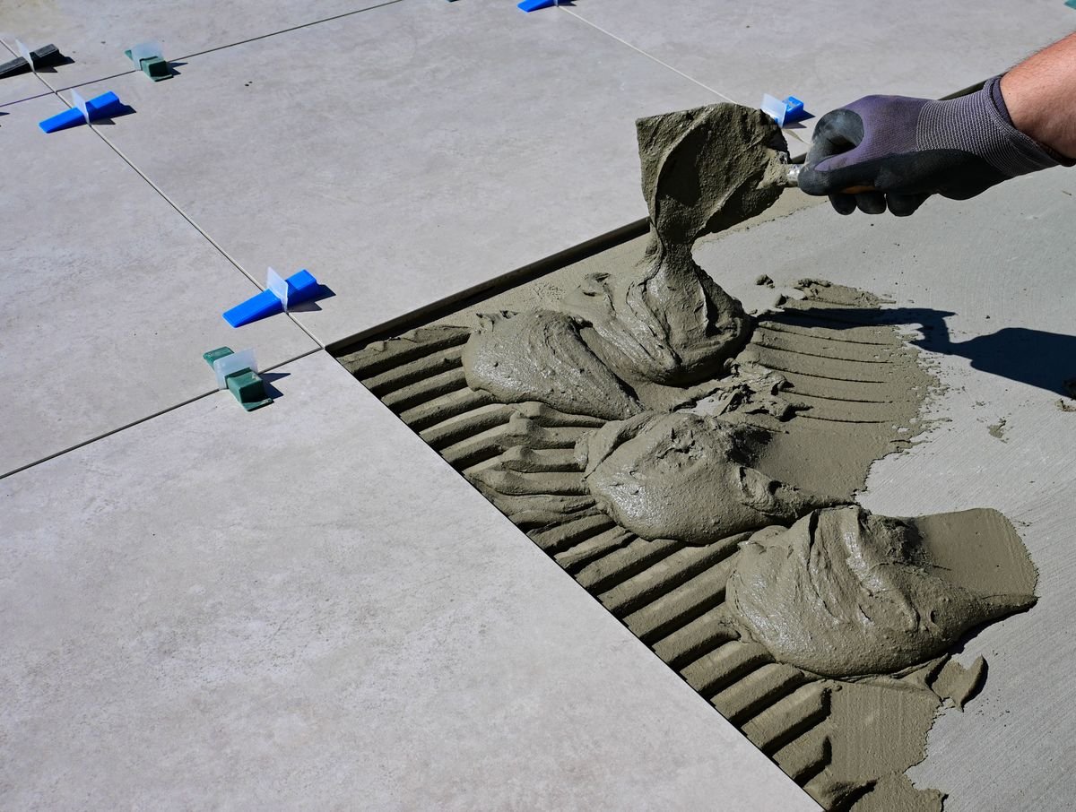 Encollage à la colle peignée pour la pose de carrelage au sol à Lyon