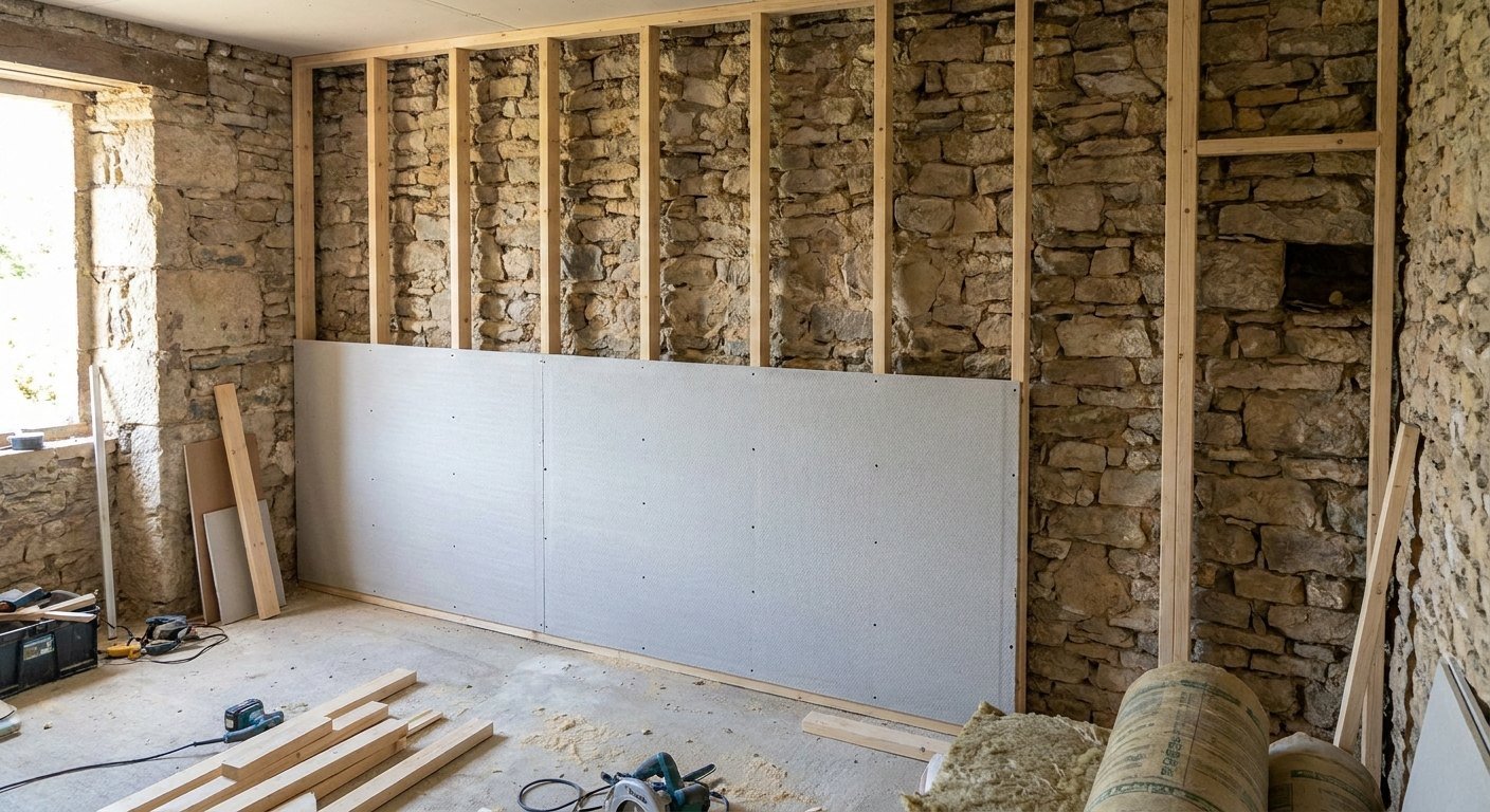 Doublage d'un mur au placo avec isolant à Lyon