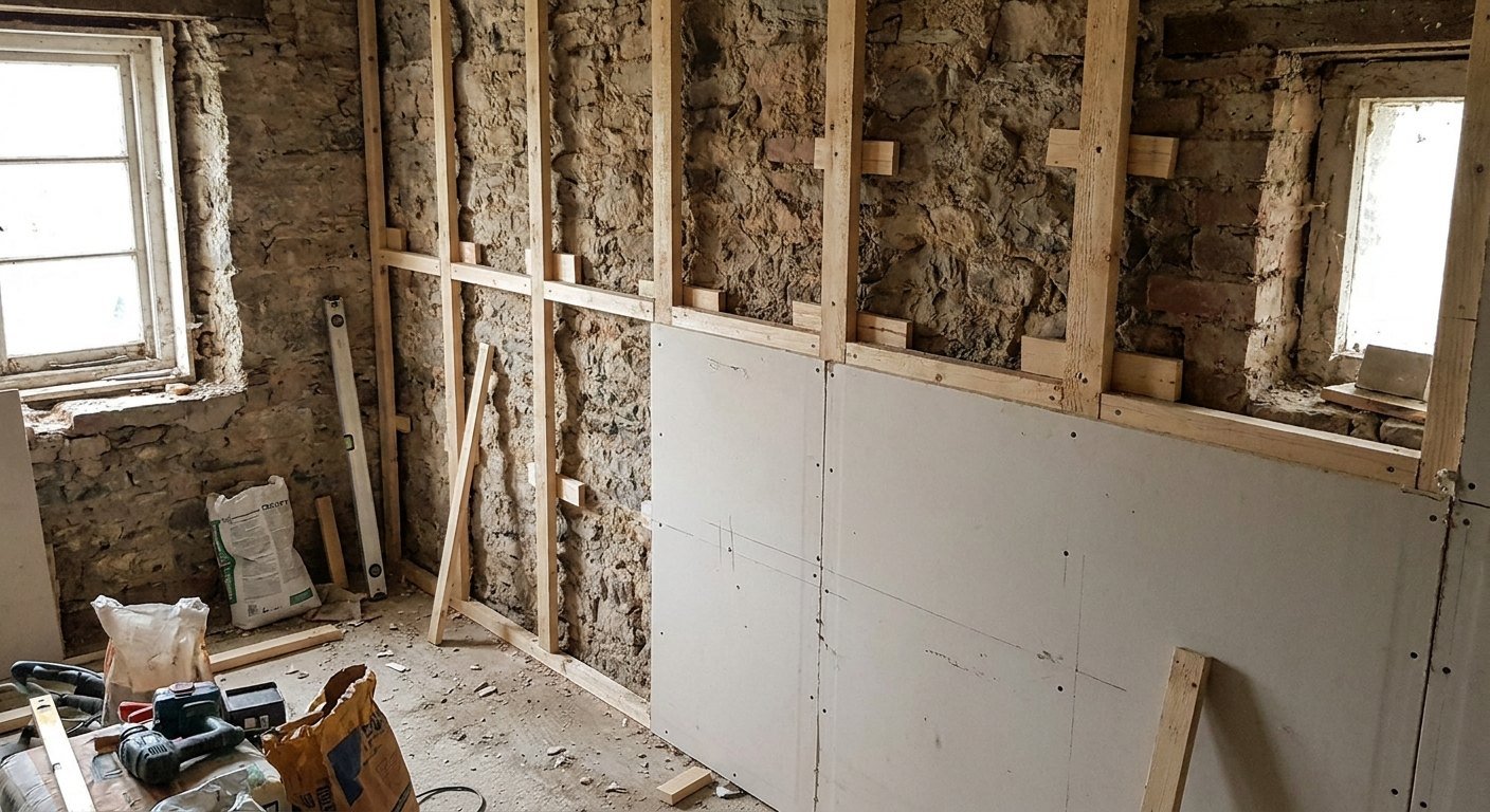 Cloison phonique en placo posée contre un mur mitoyen à Lyon