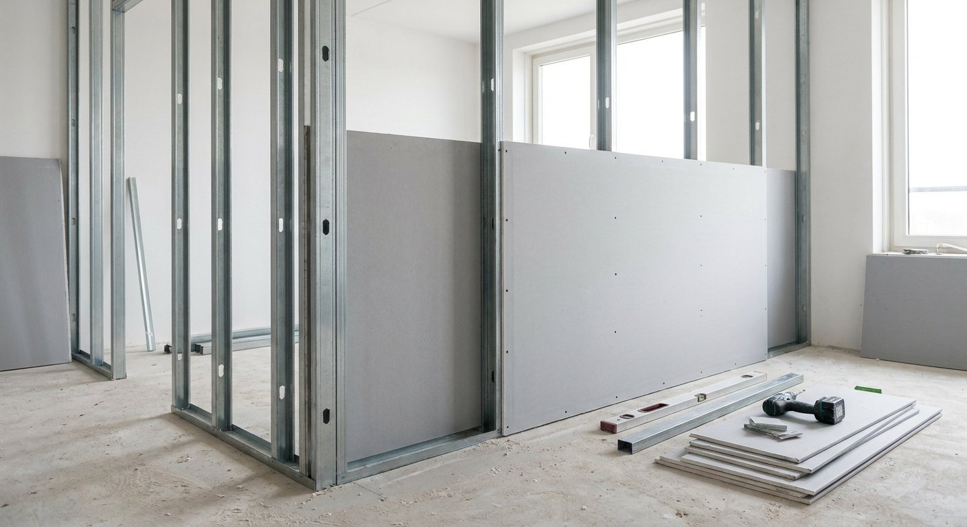 Plaquiste posant une cloison en placo dans un appartement à Lyon