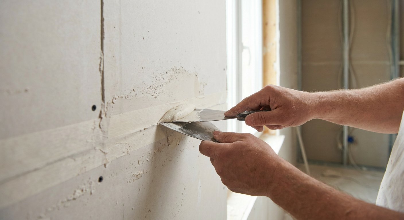 Finition des bandes de placo prêt à peindre sur une cloison à Lyon