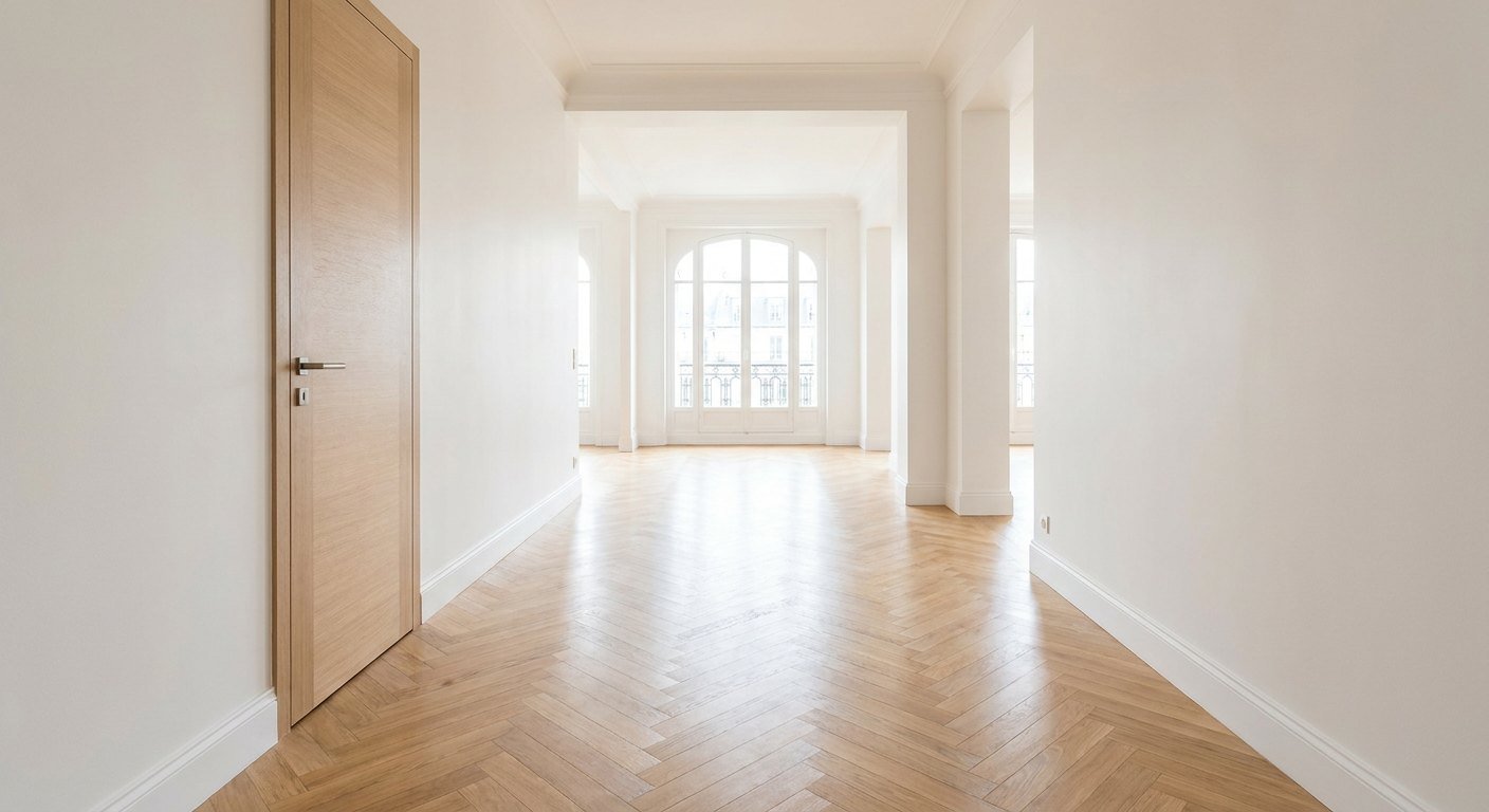 Cuisine ouverte rénovée dans un appartement ancien à Lyon, sols clairs et finitions soignées
