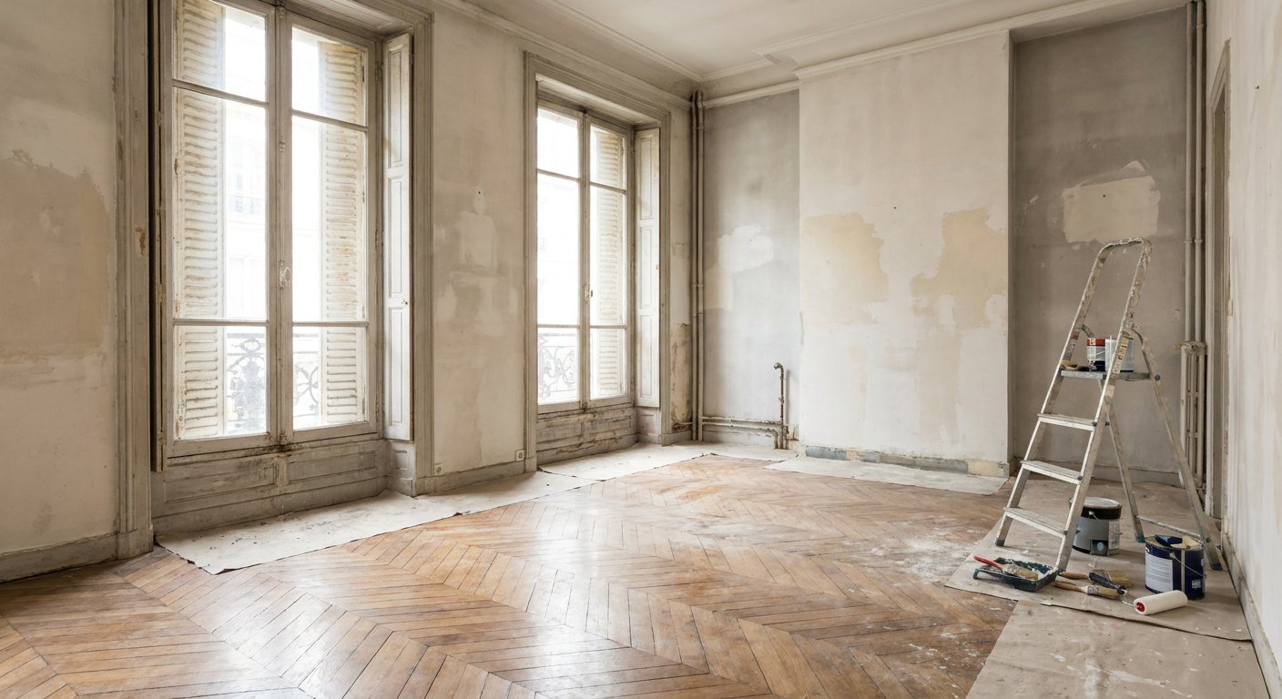 Séjour d'un appartement lyonnais rénové, parquet clair et cuisine ouverte