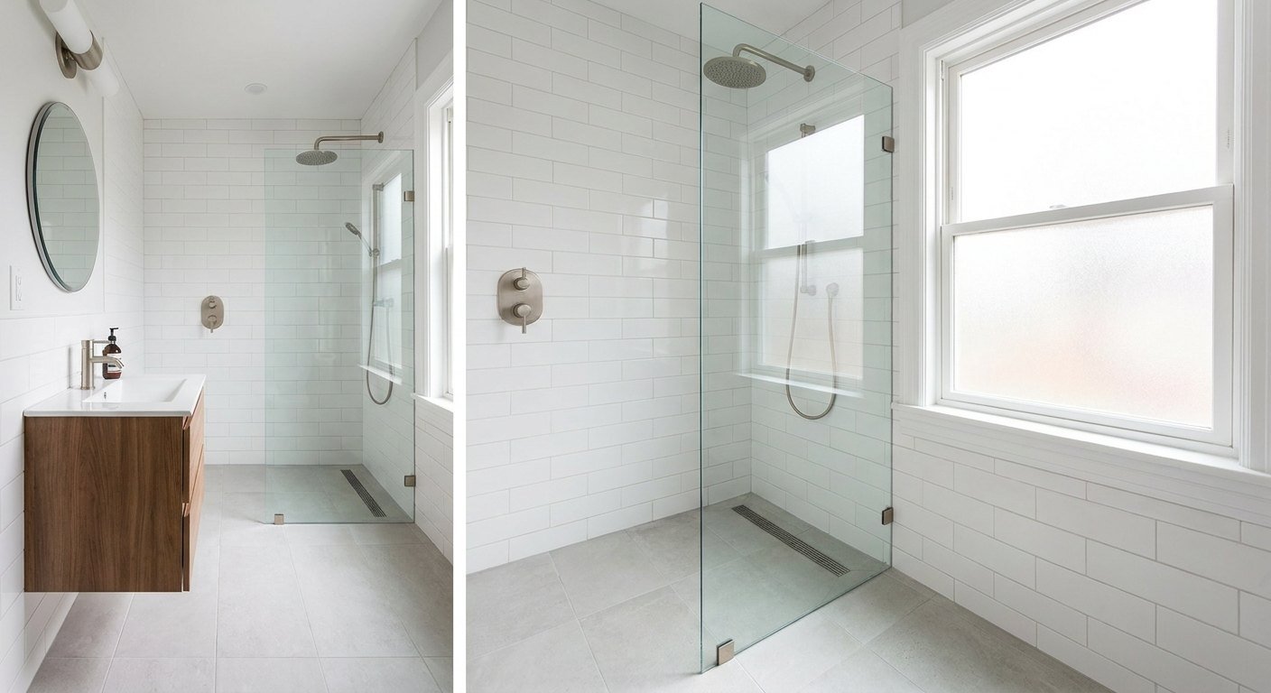 Douche de plain-pied installée à la place d'une baignoire dans une salle de bain à Lyon
