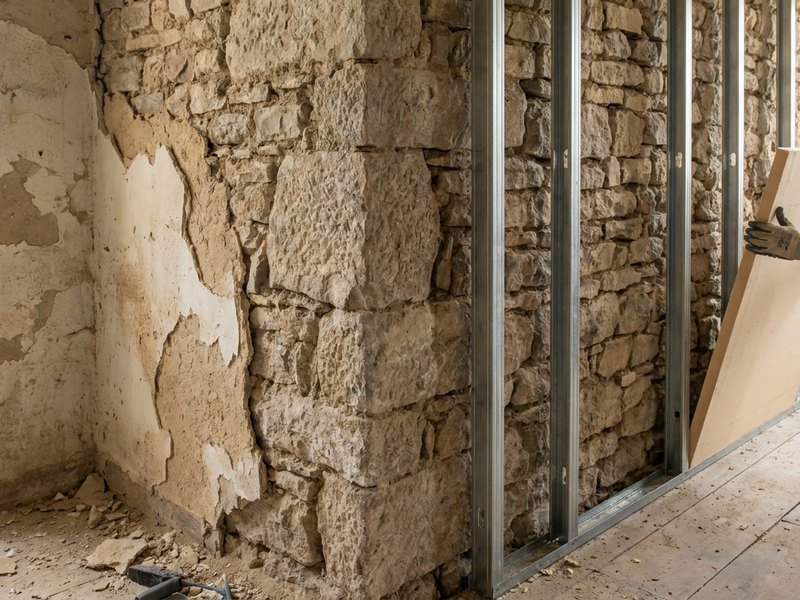 Dépose du plâtre ancien et pose d'un doublage isolant sur un mur d'immeuble lyonnais