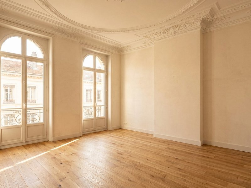 Parquet ancien poncé et moulures de plafond préservées dans un appartement lyonnais rénové