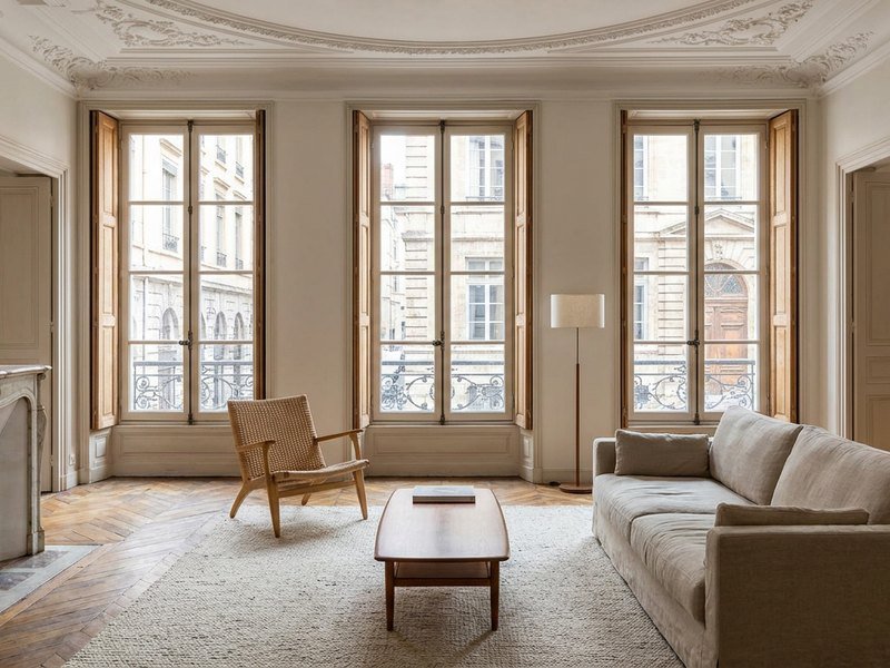 Pièce de vie d'un appartement ancien de la presqu'île de Lyon après rénovation complète