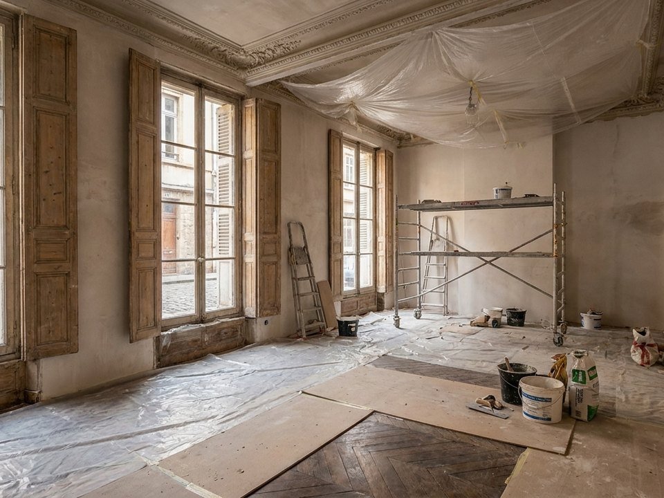 Chantier de rénovation dans un appartement ancien lyonnais avec parquet et moulures conservés