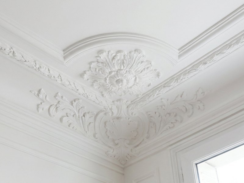 Moulures et rosace de plafond restaurées dans un appartement haussmannien lyonnais