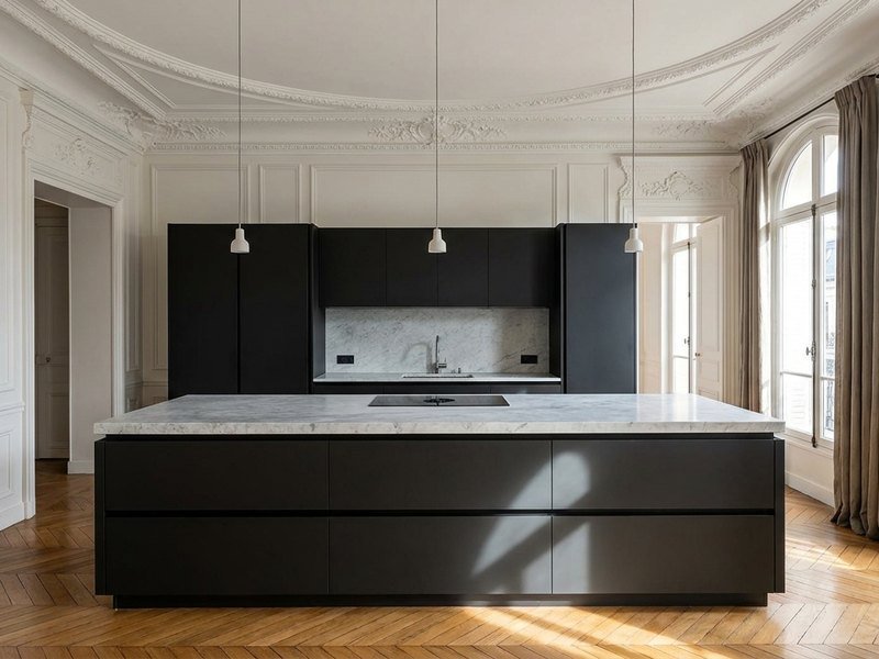 Cuisine contemporaine intégrée dans un appartement haussmannien à Lyon 6