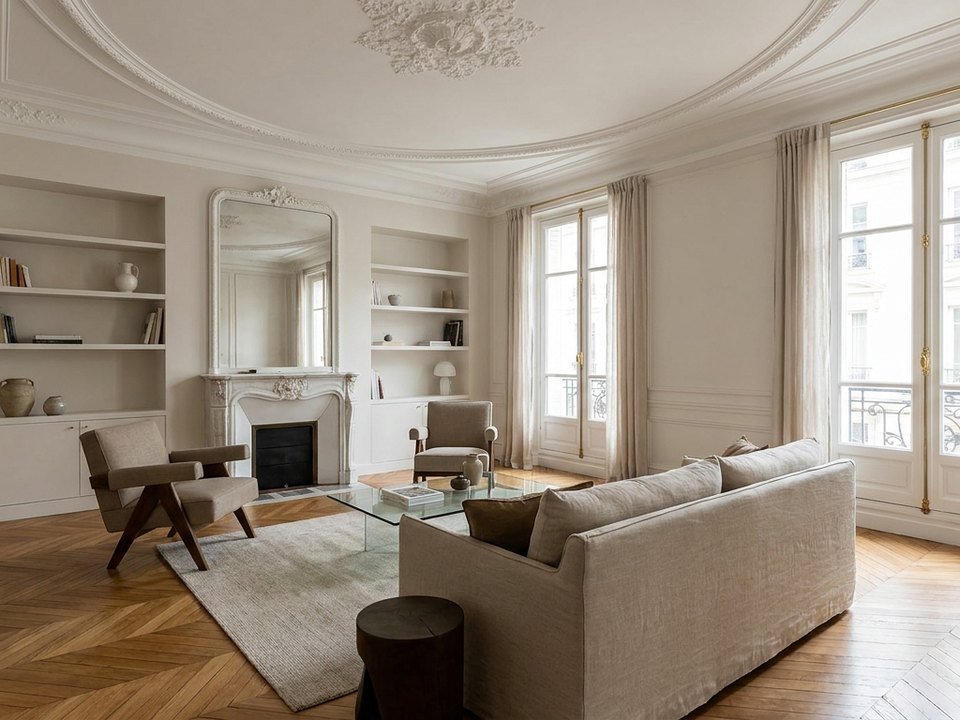 Séjour d'appartement haussmannien rénové à Lyon avec moulures, rosace et parquet en point de Hongrie