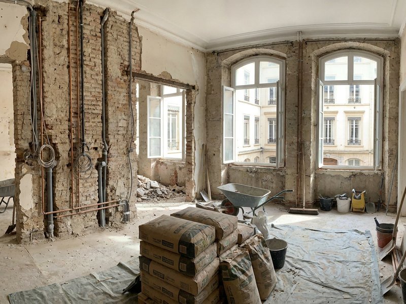 Appartement lyonnais en cours de rénovation complète, cloisons déposées et réseaux apparents