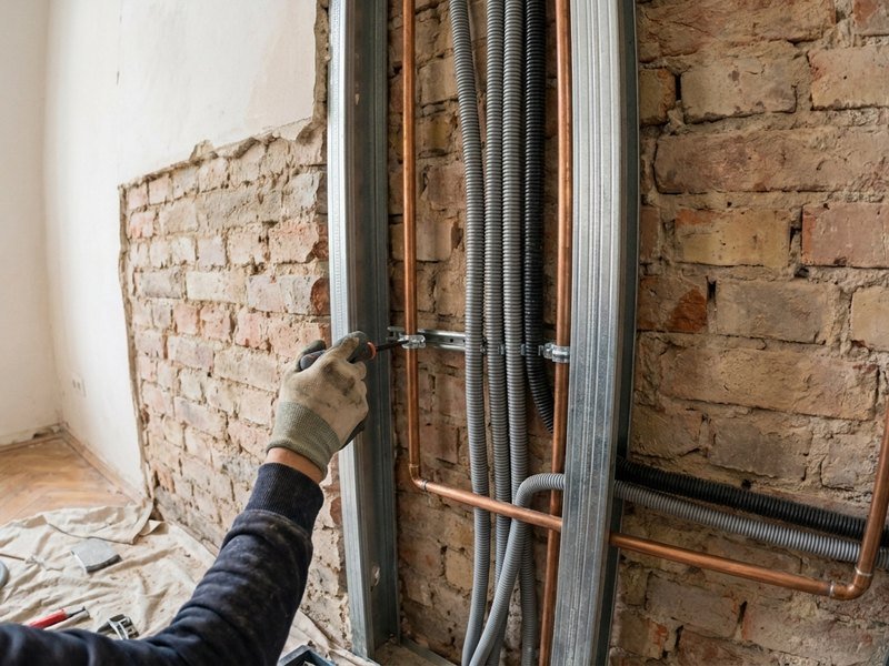 Artisans partenaires intervenant sur les réseaux électriques et la plomberie d'un logement rénové à Lyon