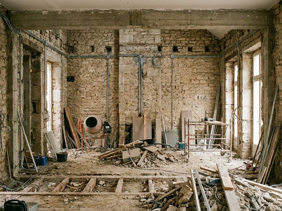 Appartement lyonnais entièrement mis à nu pendant une rénovation complète, tous les lots en cours