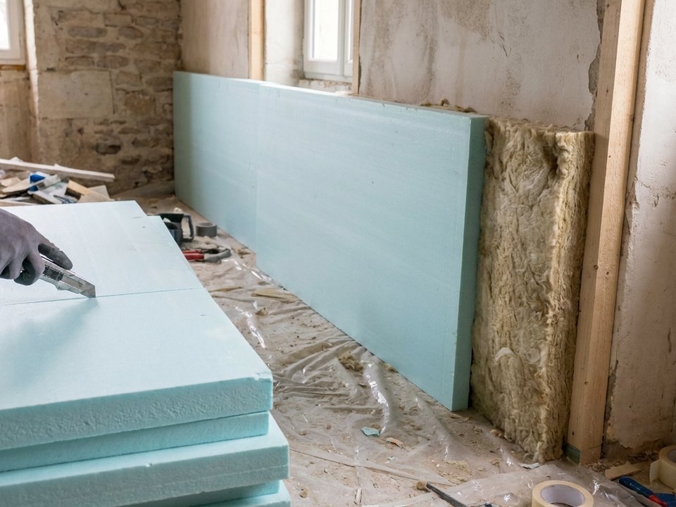Chantier de rénovation énergétique avec pose d'isolant sur les murs d'un logement à Lyon