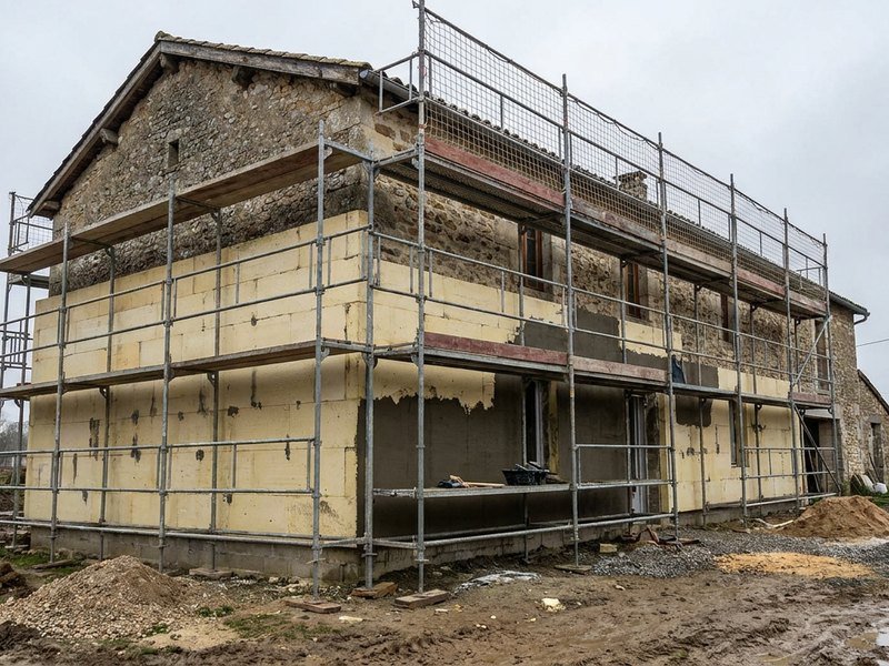 Isolation thermique par l'extérieur d'une maison en cours de rénovation énergétique près de Lyon