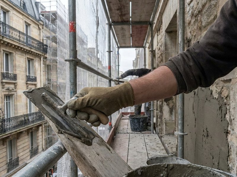 Ravalement de la façade en pierre d'un immeuble lyonnais réalisé depuis un échafaudage
