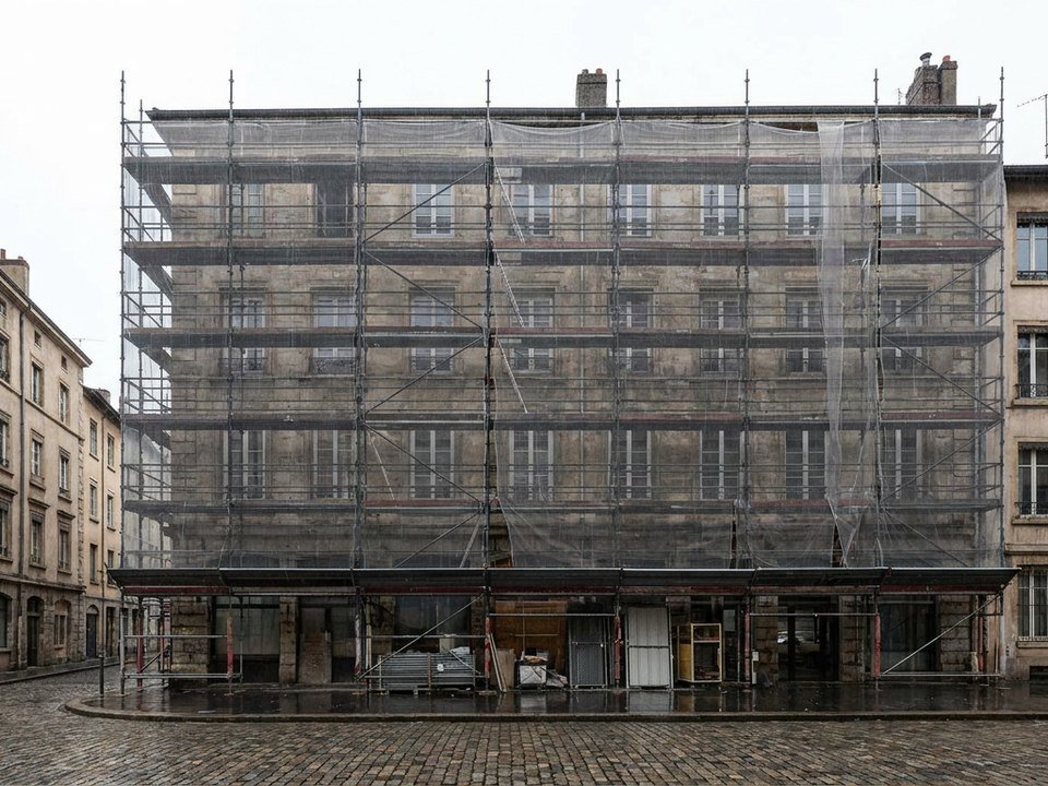 Façade d'un immeuble ancien lyonnais en cours de rénovation, échafaudage monté sur toute la hauteur