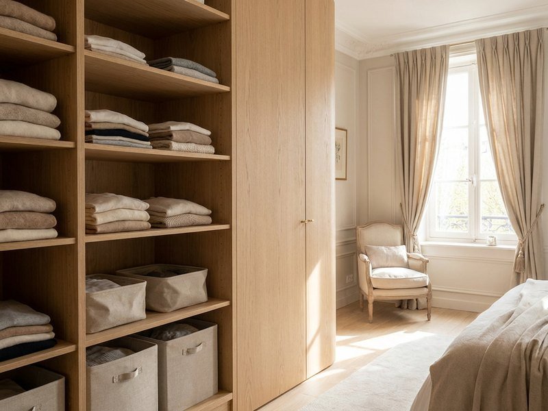 Dressing sur mesure en bois clair posé dans une chambre à Lyon