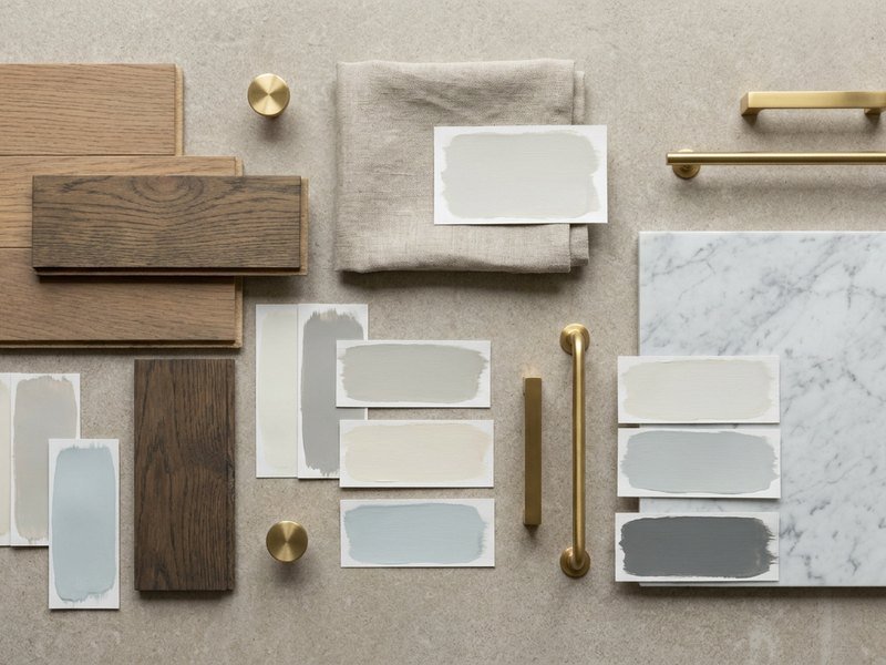 Palette de matériaux, teintes et parquet sélectionnés pour une décoration intérieure à Lyon