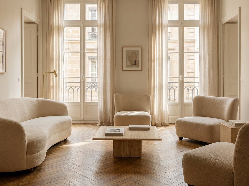 Séjour d'appartement lyonnais rénové avec un nouvel agencement et des teintes claires
