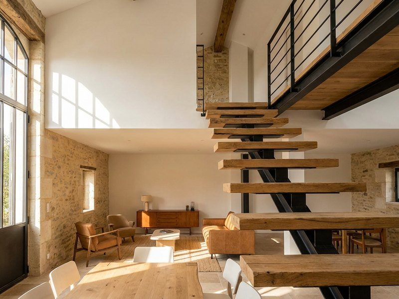 Escalier ouvert reliant les deux niveaux d'un duplex rénové à Lyon, séjour à double hauteur