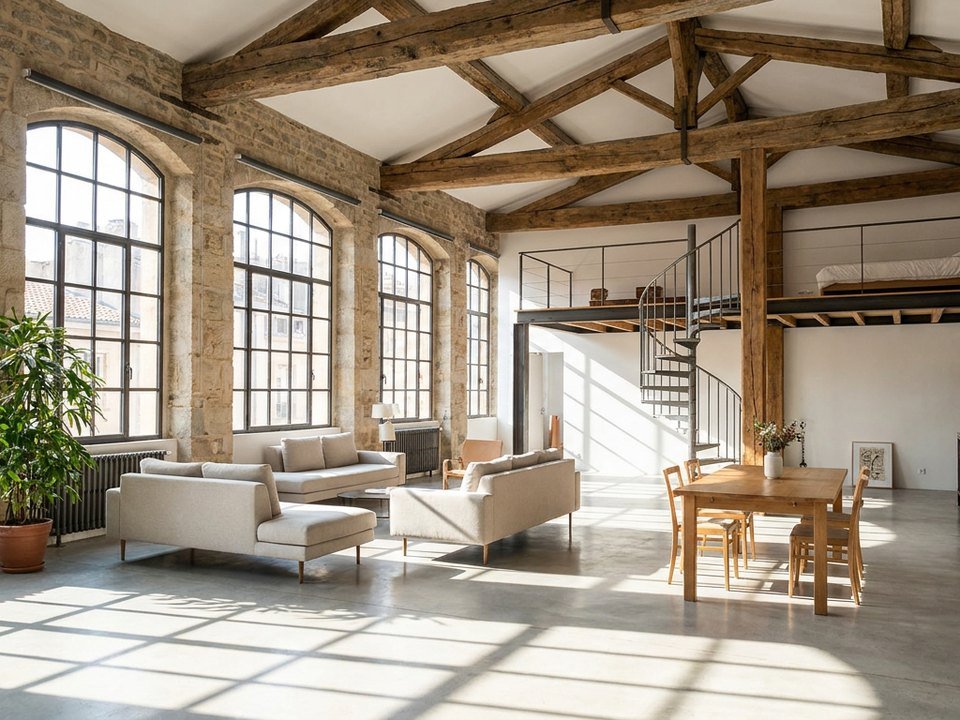 Ancien atelier de canut de la Croix-Rousse rénové en loft, grande hauteur sous plafond et hautes fenêtres d'atelier