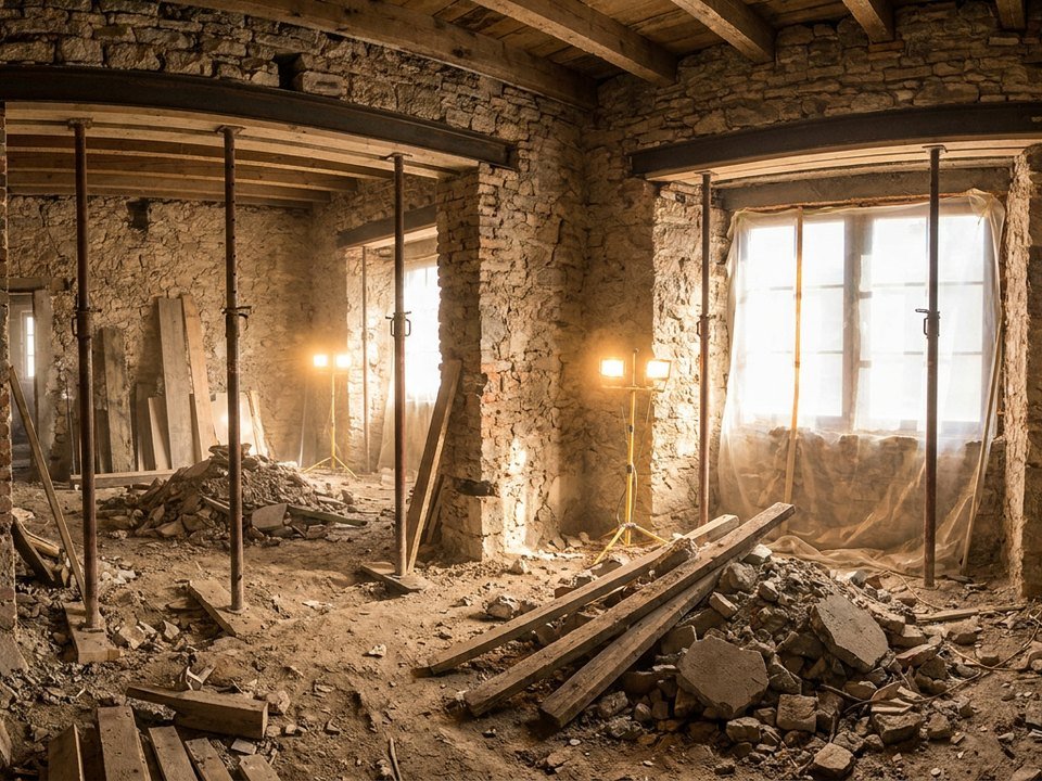 Chantier de rénovation lourde dans un immeuble lyonnais, mur porteur ouvert et étais métalliques en place