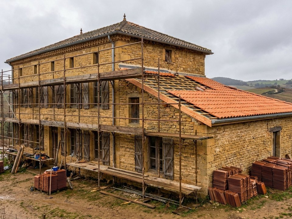 Maison ancienne en pierre de la métropole lyonnaise en cours de rénovation, façade et toiture reprises