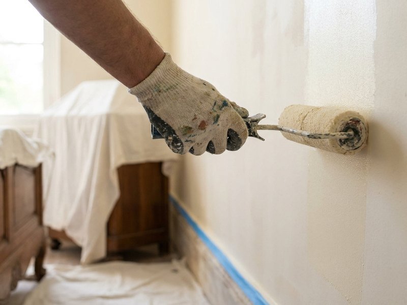 Peintre appliquant une couche de finition dans une chambre rafraîchie d'un appartement lyonnais, mobilier protégé sous bâche