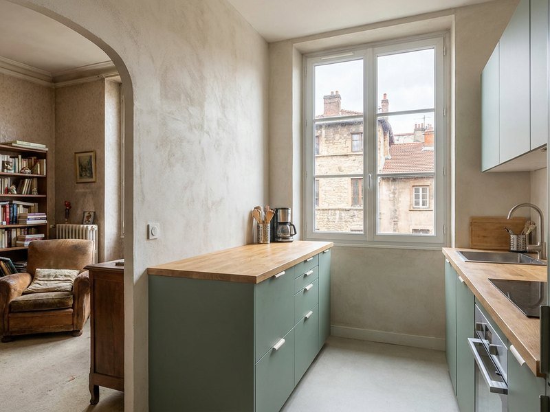 Cuisine d'un appartement lyonnais rénovée seule, façades et plan de travail remplacés, pièces voisines intactes