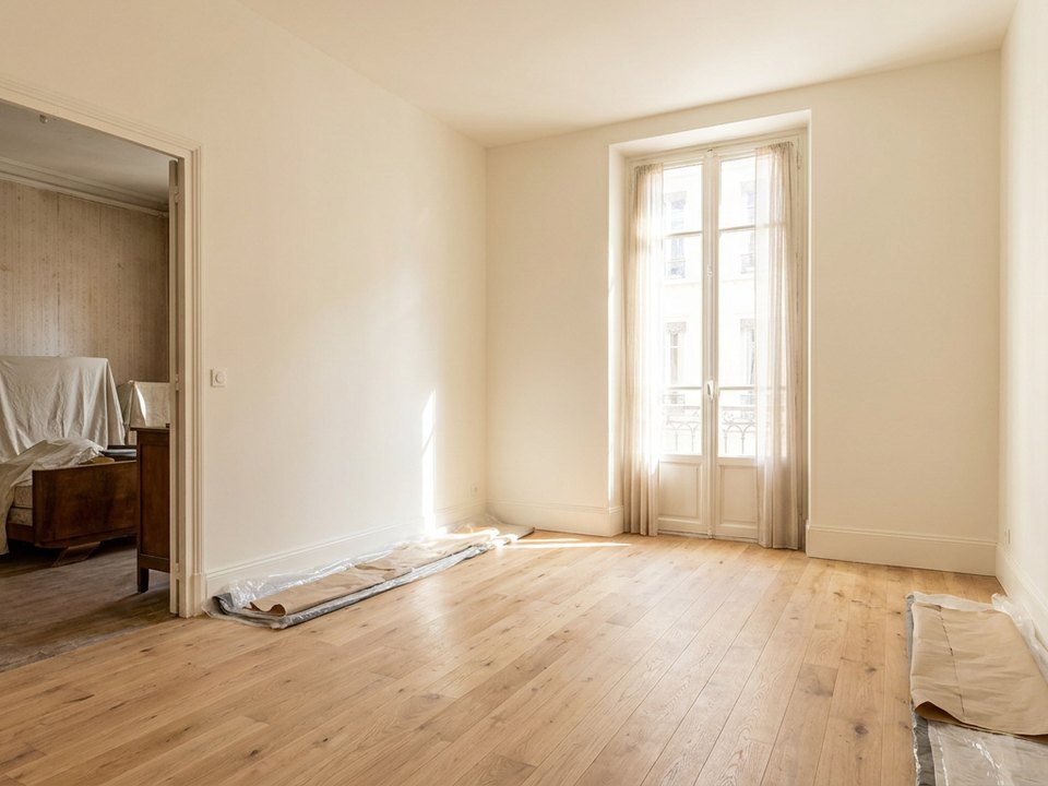 Séjour d'appartement lyonnais en cours de rafraîchissement, murs fraîchement repeints et sol neuf, le reste du logement laissé en place