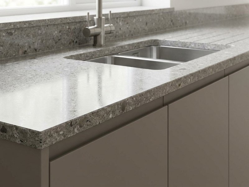 Plan de travail de cuisine en quartz gris clair avec évier encastré