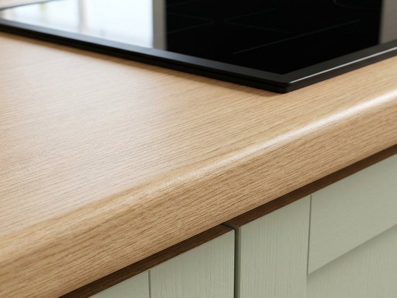 Plan de travail de cuisine en stratifié décor bois clair avec plaque de cuisson