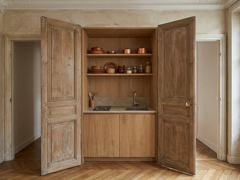 Kitchenette intégrée dans une niche fermée par des portes, dans un studio à Lyon