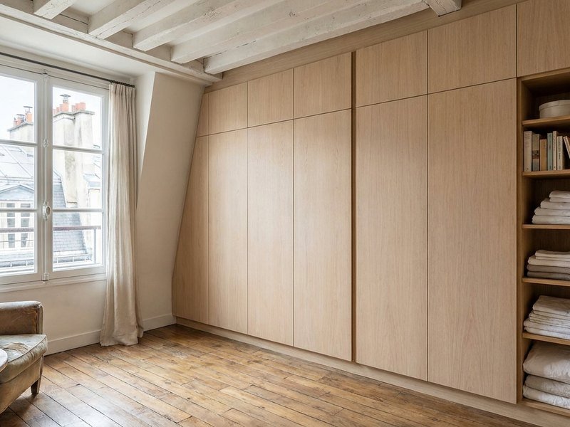 Rangements sur mesure montant jusqu'au plafond dans un studio lyonnais