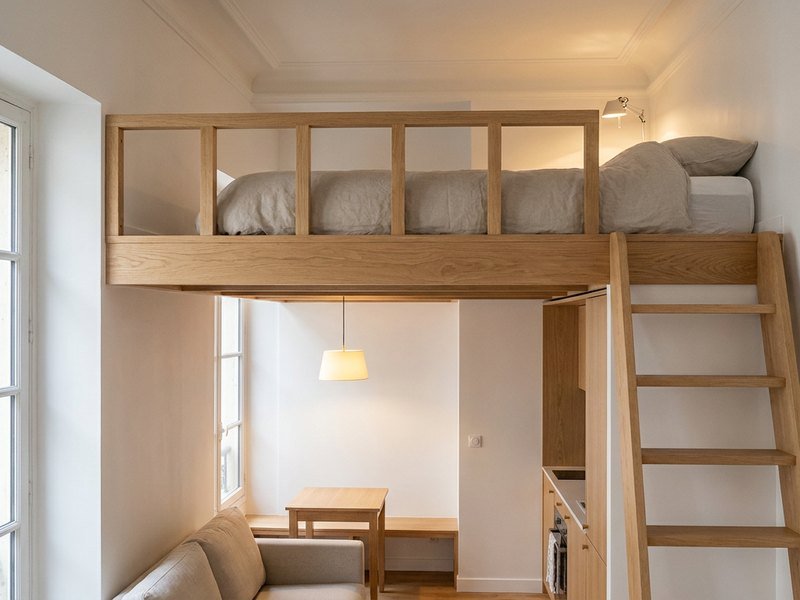 Mezzanine avec couchage aménagée sous la hauteur sous plafond d'un studio à Lyon