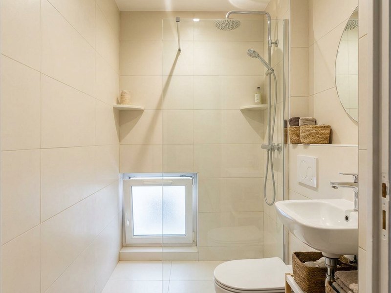 Salle d'eau compacte avec douche à l'italienne aménagée dans un studio lyonnais