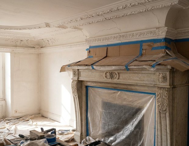 Moulures de plafond et cheminée d'origine protégées pendant la rénovation d'un appartement ancien à Lyon