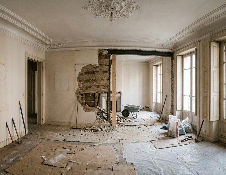 Séjour d'un appartement ancien lyonnais en début de chantier, parquet d'origine protégé et anciennes cloisons ouvertes