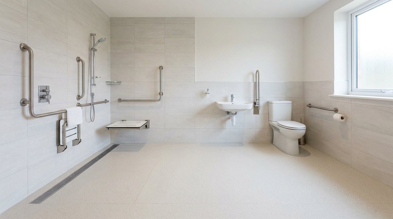 Salle de bain adaptée senior à Lyon : douche de plain-pied, barre d'appui et siège de douche