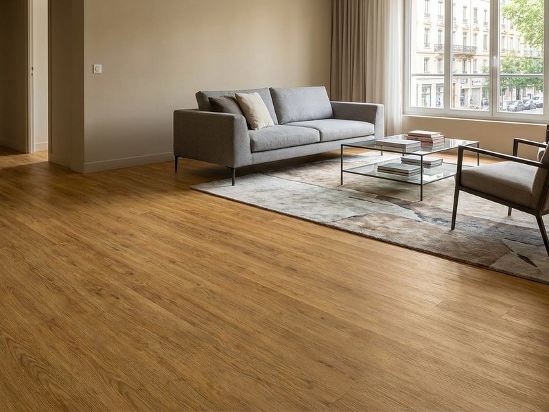 Lames de sol vinyle LVT imitation bois clipsées dans un salon à Lyon