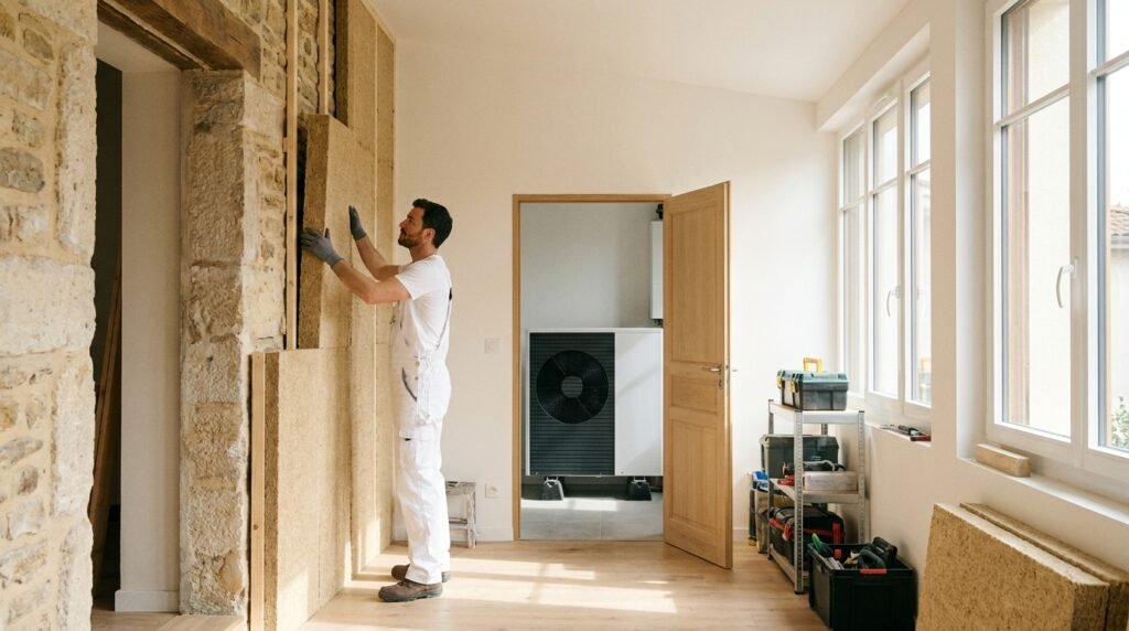 Chantier de rénovation énergétique dans une maison à Lyon, isolation et pompe à chaleur