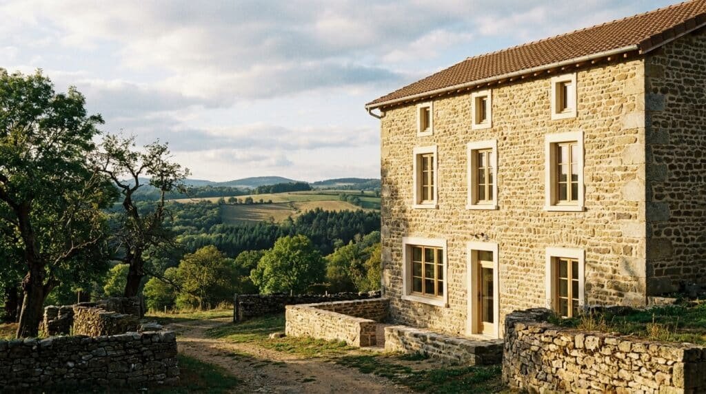 Maison en pierre des Monts du Lyonnais avec fenêtres neuves face aux collines